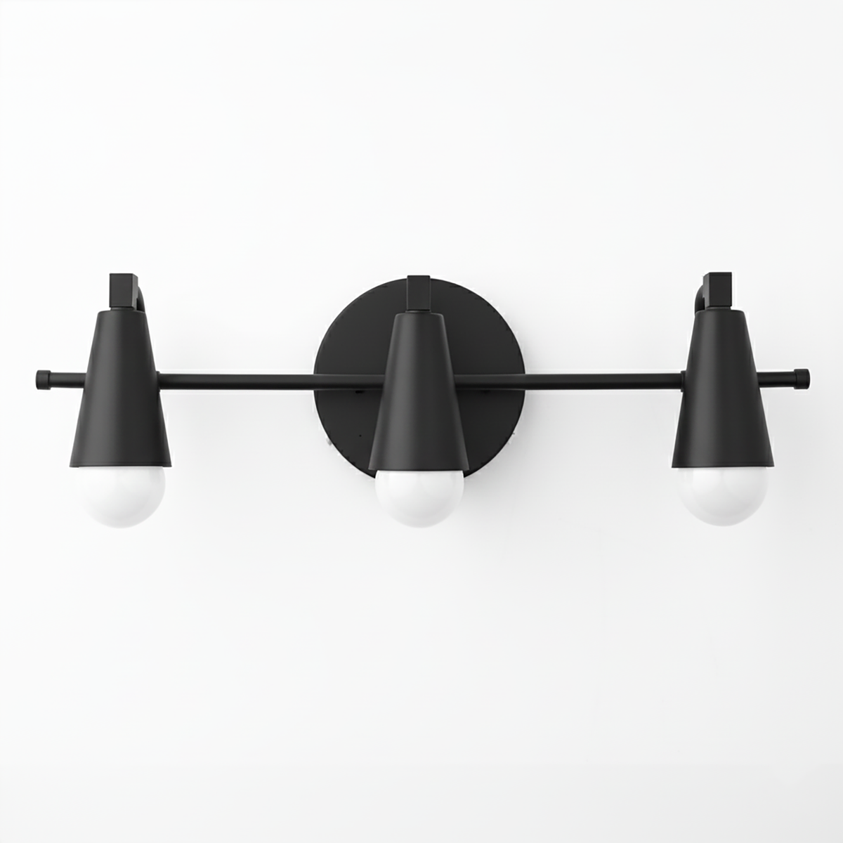Black metal vanity light with three conical shades and exposed white bulbs in mid-century modern style. - VANITY LIGHT MODEL NO. 8084