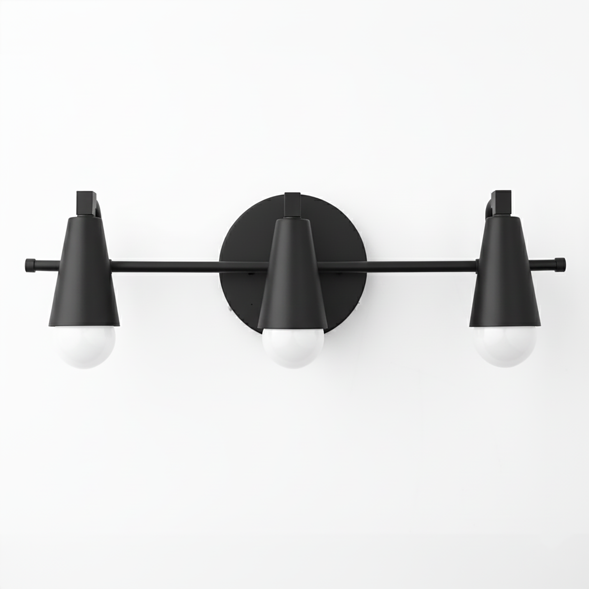 Black metal vanity light with three conical shades and exposed white bulbs in mid-century modern style. - VANITY LIGHT MODEL NO. 8084