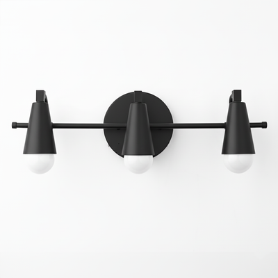 Black metal vanity light with three conical shades and exposed white bulbs in mid-century modern style. - VANITY LIGHT MODEL NO. 8084