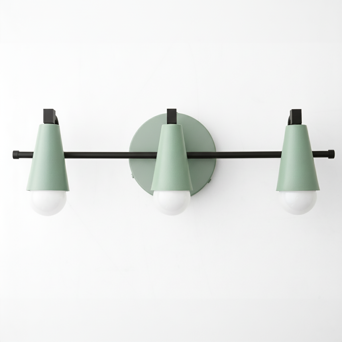Three-light vanity fixture with matte green conical shades and black metal accents on a round green backplate. - VANITY LIGHT MODEL NO. 8084