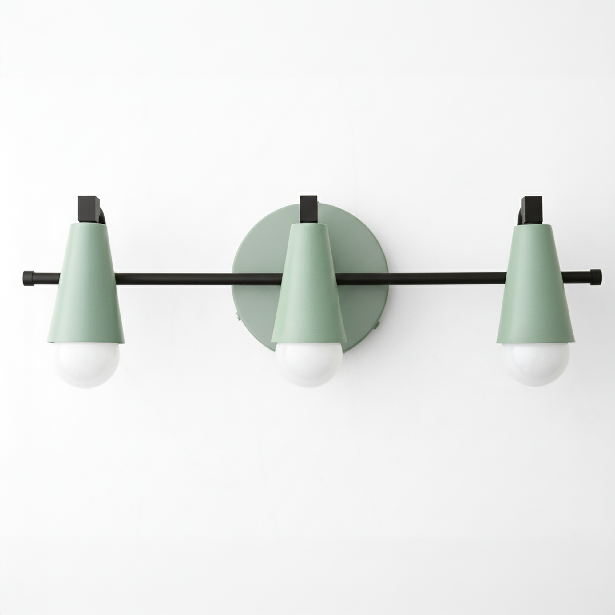 Three-light vanity fixture with matte green conical shades and black metal accents on a round green backplate. - VANITY LIGHT MODEL NO. 8084