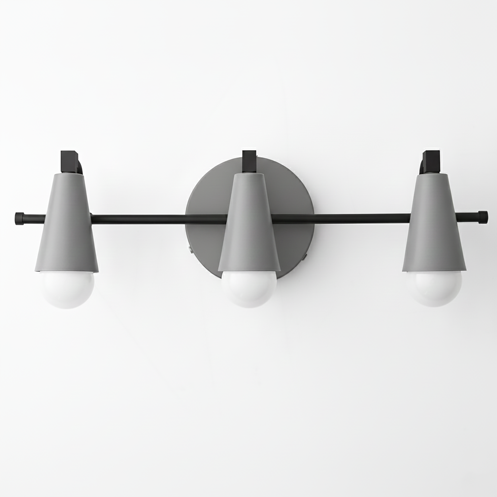Three-light vanity fixture with matte black metal bar and gray conical shades over white bulbs. - VANITY LIGHT MODEL NO. 8084