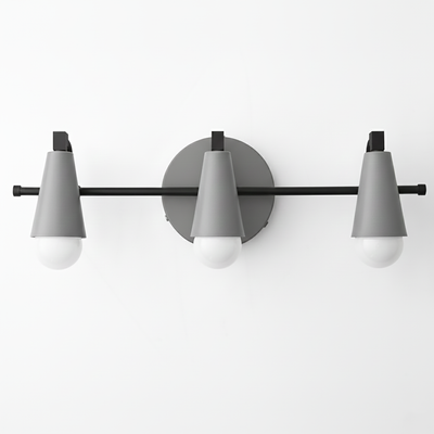Three-light vanity fixture with matte black metal bar and gray conical shades over white bulbs. - VANITY LIGHT MODEL NO. 8084