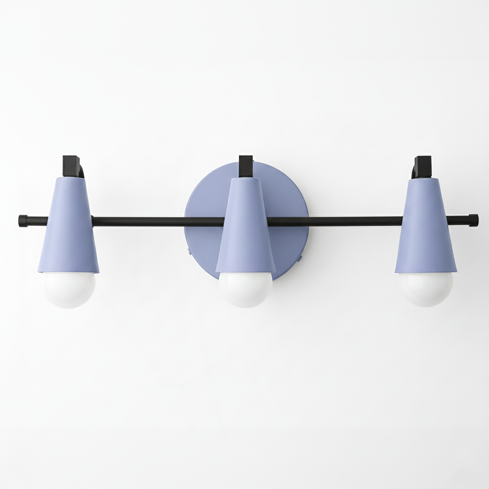 Three-light vanity fixture with conical lavender metal shades and matte black accents on a matching black horizontal bar and - VANITY LIGHT MODEL NO. 8084