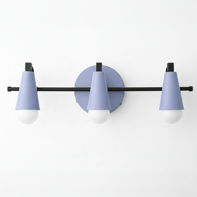 Three-light vanity fixture with conical lavender metal shades and matte black accents on a matching black horizontal bar and - VANITY LIGHT MODEL NO. 8084