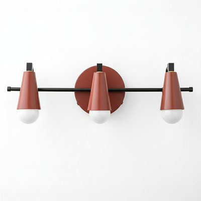 Three-light vanity fixture with matte black horizontal rod and rust-red conical metal shades over white round bulbs. - VANITY LIGHT MODEL NO. 8084