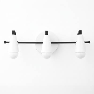 Three-bulb black metal vanity light with white cone-shaped shades and round backplate. - VANITY LIGHT MODEL NO. 8084