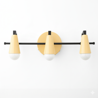 Three-light vanity fixture with matte yellow cone shades and black horizontal bar mount. - VANITY LIGHT MODEL NO. 8084