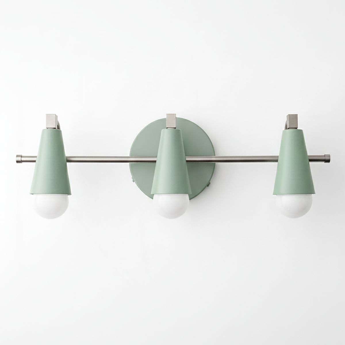 Three-bulb vanity light with matte green conical shades, brushed nickel accents, and round backplate. - VANITY LIGHT MODEL NO. 8084