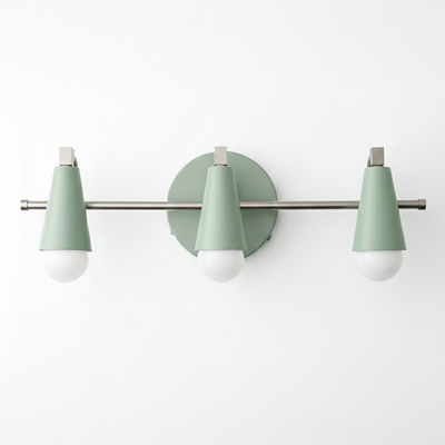 Three-bulb vanity light with matte green conical shades, brushed nickel accents, and round backplate. - VANITY LIGHT MODEL NO. 8084