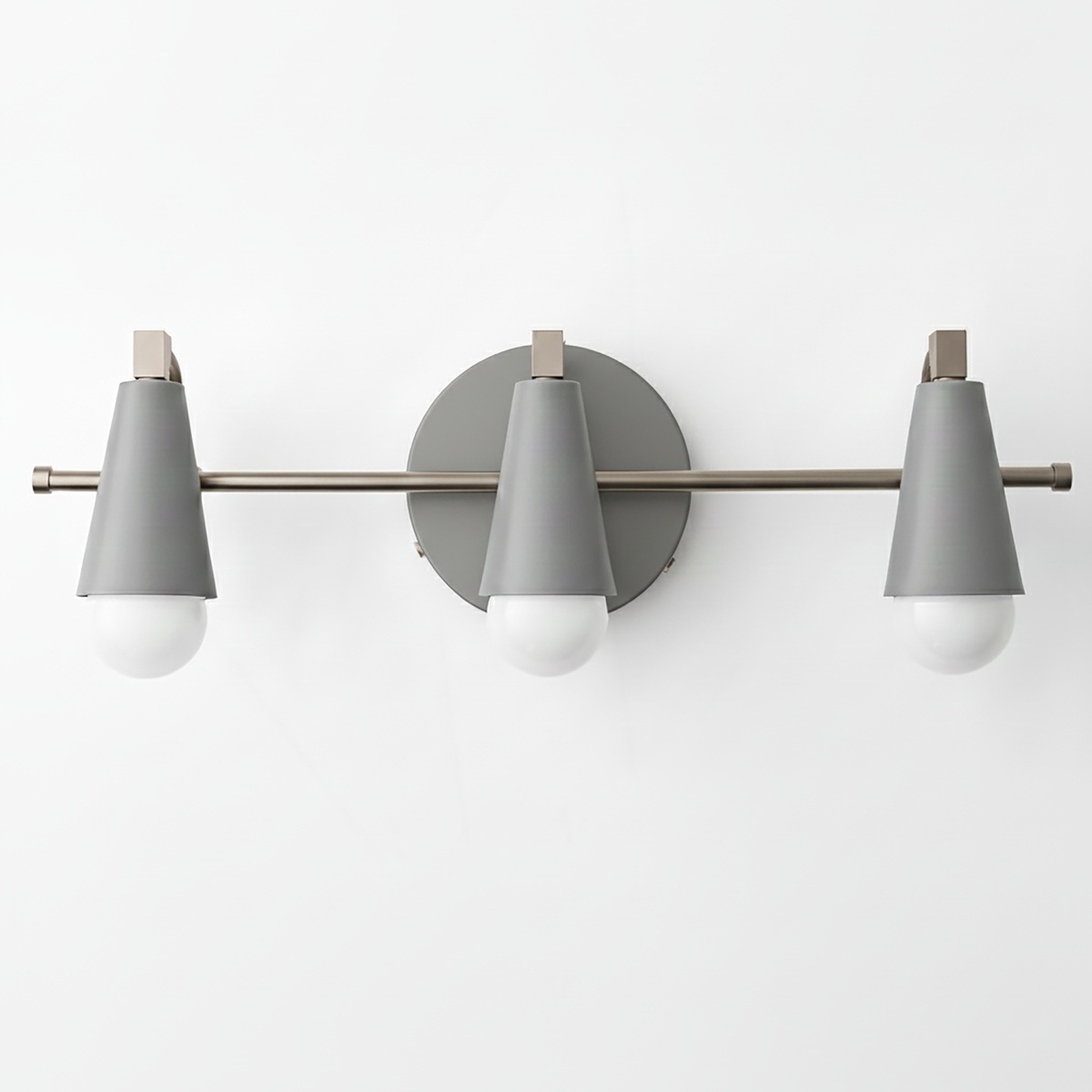 Three-bulb vanity light with gray conical metal shades and matte silver horizontal bar mount. - VANITY LIGHT MODEL NO. 8084