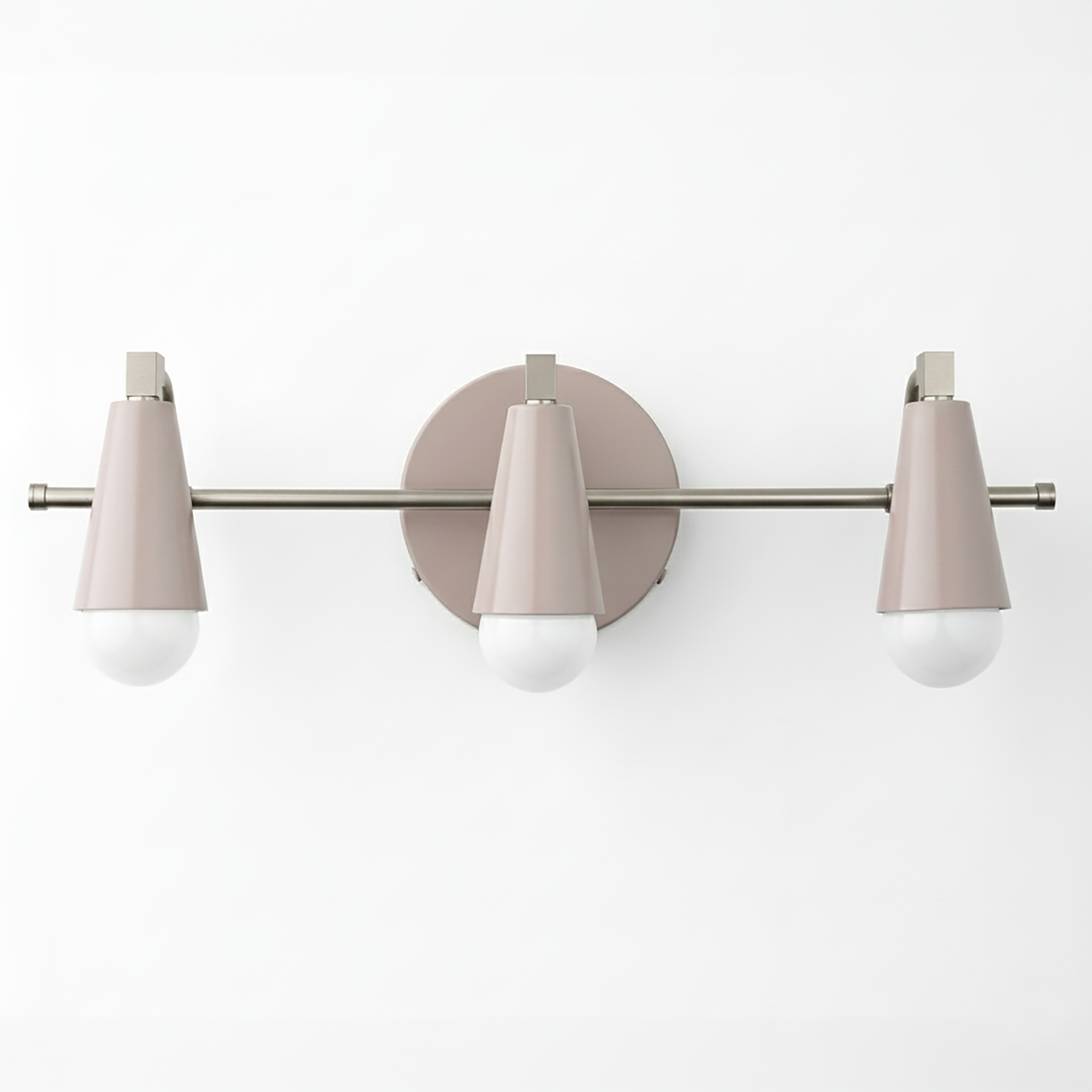 Three-bulb vanity light with matte pink conical shades and brushed nickel horizontal bar mounting on round backplate. - VANITY LIGHT MODEL NO. 8084