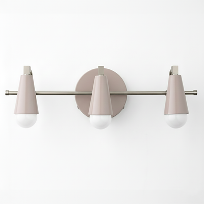 Three-bulb vanity light with matte pink conical shades and brushed nickel horizontal bar mounting on round backplate. - VANITY LIGHT MODEL NO. 8084