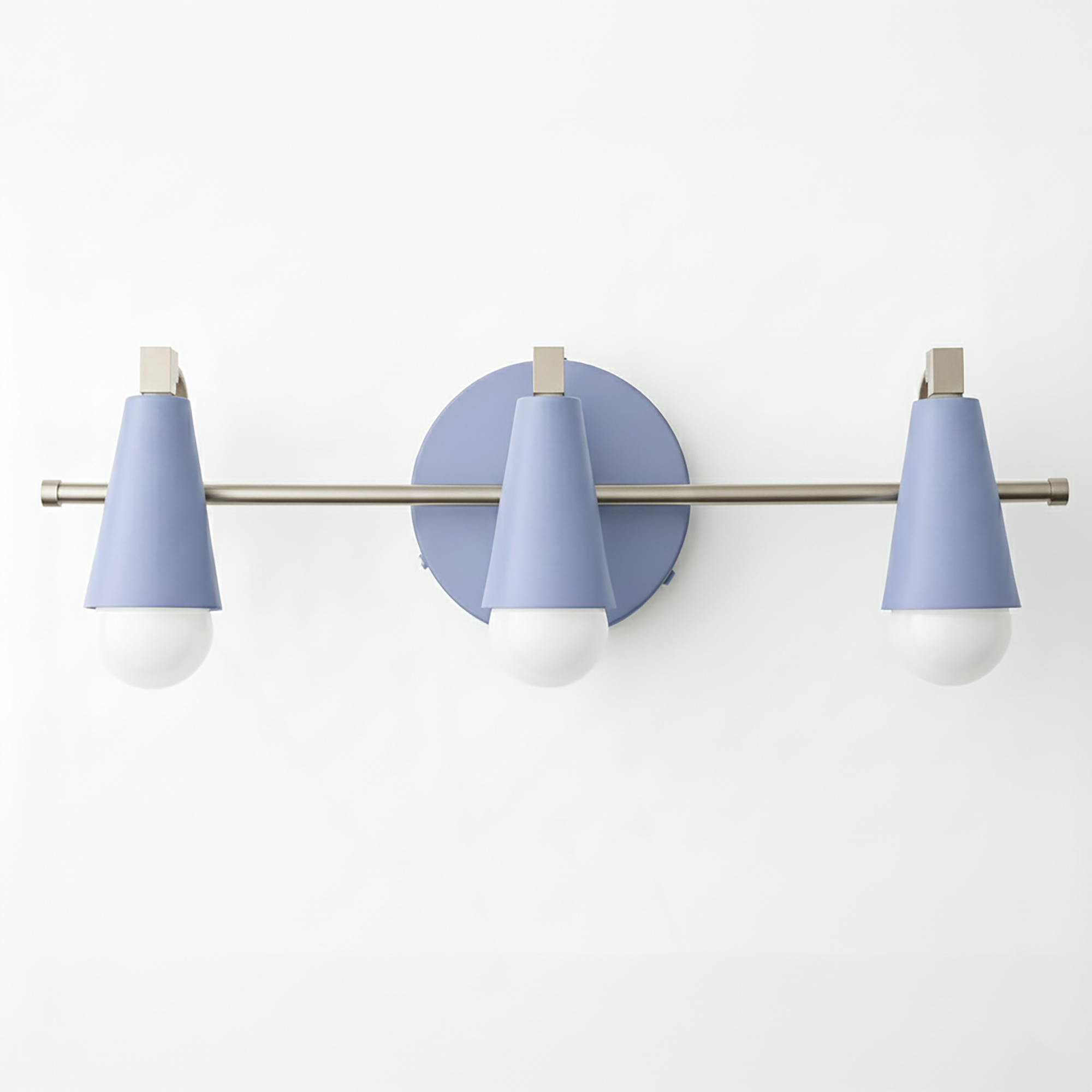 Three-light vanity fixture with matte blue cone shades and brushed nickel bar and wall mount. - VANITY LIGHT MODEL NO. 8084