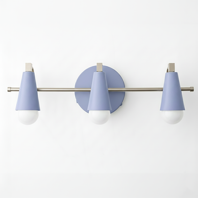 Three-light vanity fixture with matte blue cone shades and brushed nickel bar and wall mount. - VANITY LIGHT MODEL NO. 8084