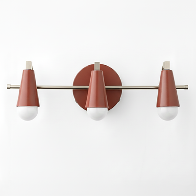 Mid-century modern 3-bulb vanity light with matte red conical shades and brushed nickel accents. - VANITY LIGHT MODEL NO. 8084