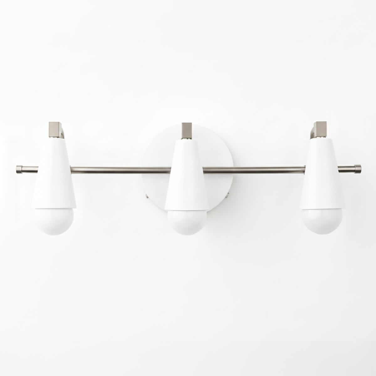Three-bulb vanity light with white tapered glass shades and brushed nickel horizontal bar and round wall mount. - VANITY LIGHT MODEL NO. 8084