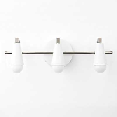 Three-bulb vanity light with white tapered glass shades and brushed nickel horizontal bar and round wall mount. - VANITY LIGHT MODEL NO. 8084