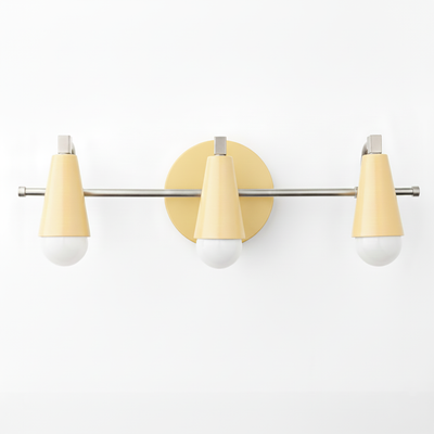 Mid-century modern three-bulb vanity light with matte yellow conical shades and brushed metal bar. - VANITY LIGHT MODEL NO. 8084