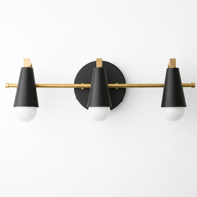 Mid-century modern vanity light with three black cone-shaped shades and brass horizontal rod mounting. - VANITY LIGHT MODEL NO. 8084