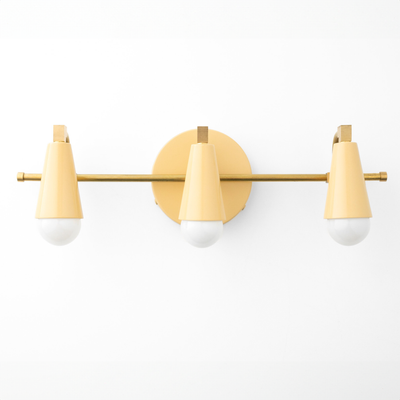 Matte gold three-bulb vanity light with conical shades and a round wall mount. - VANITY LIGHT MODEL NO. 8084