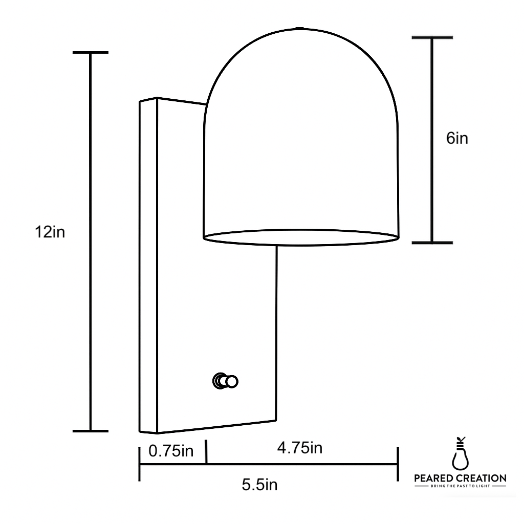 Wall sconce with rectangular backplate and semi-circular shade, dimensions labeled in inches. - SCONCE MODEL NO. 6029