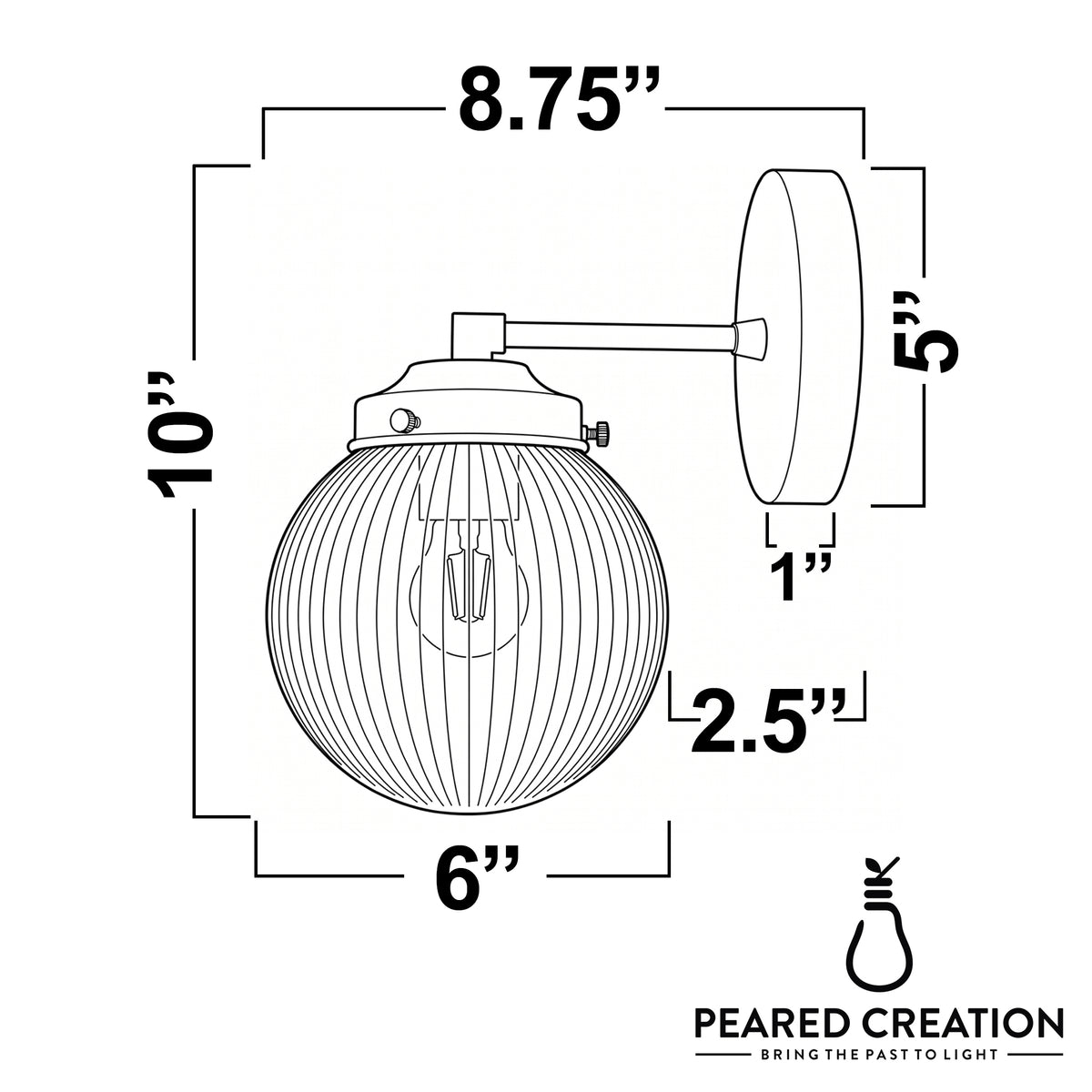 Wall sconce with round ribbed glass globe, bronze finish, and metal mounting plate, 10 inches tall. - SCONCE MODEL NO. 1036
