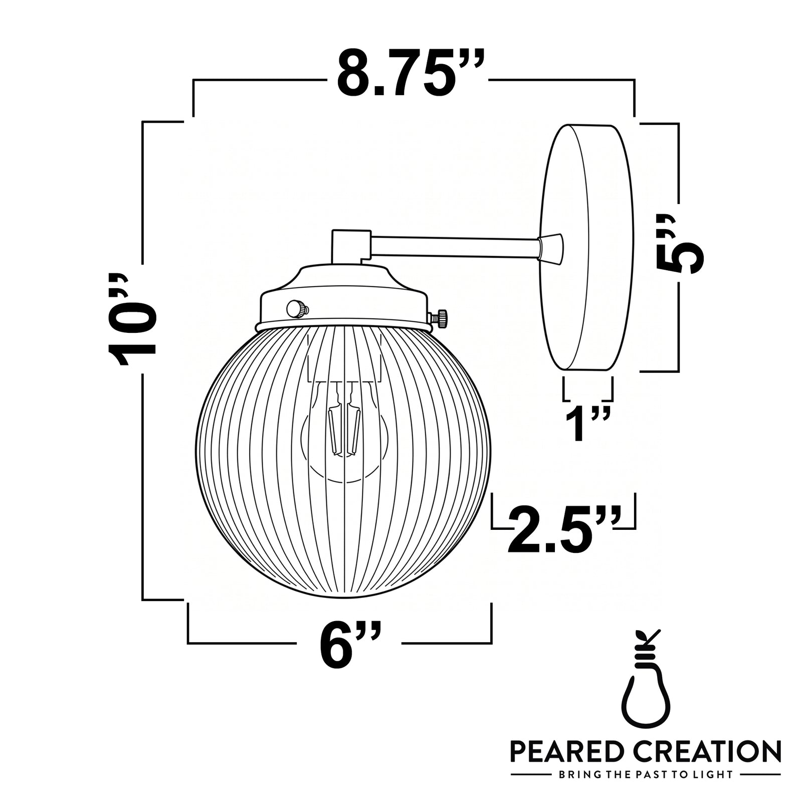 Wall sconce with round ribbed glass globe, bronze finish, and metal mounting plate, 10 inches tall. - SCONCE MODEL NO. 1036