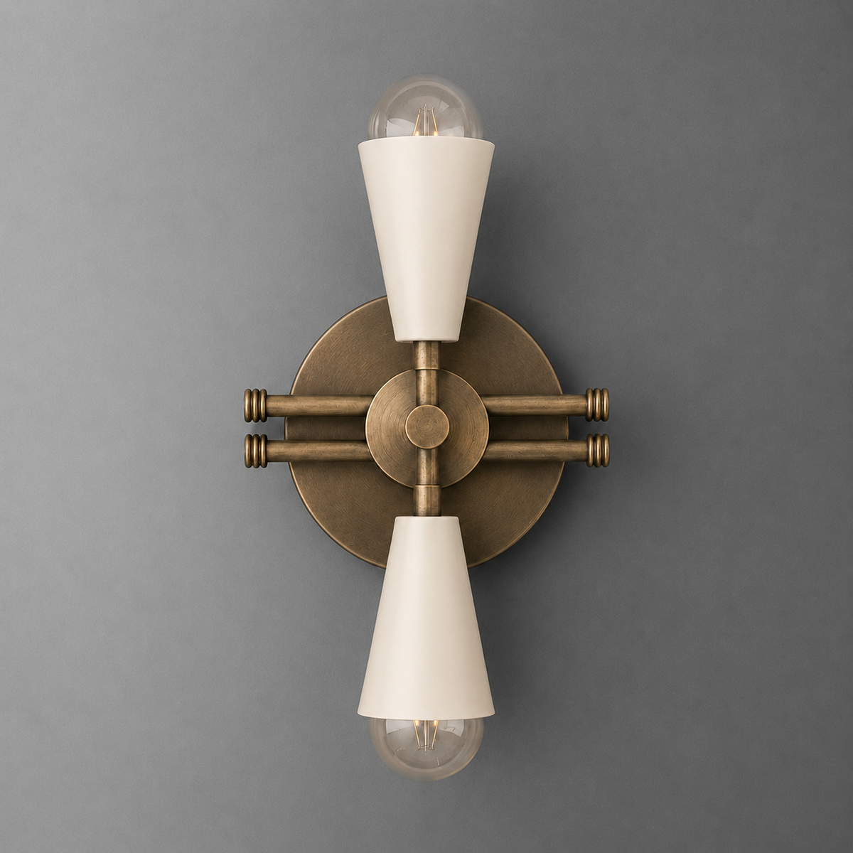 Two-bulb wall sconce with antique brass circular base and white conical shades above and below each bulb. - SCONCE MODEL NO. 3419