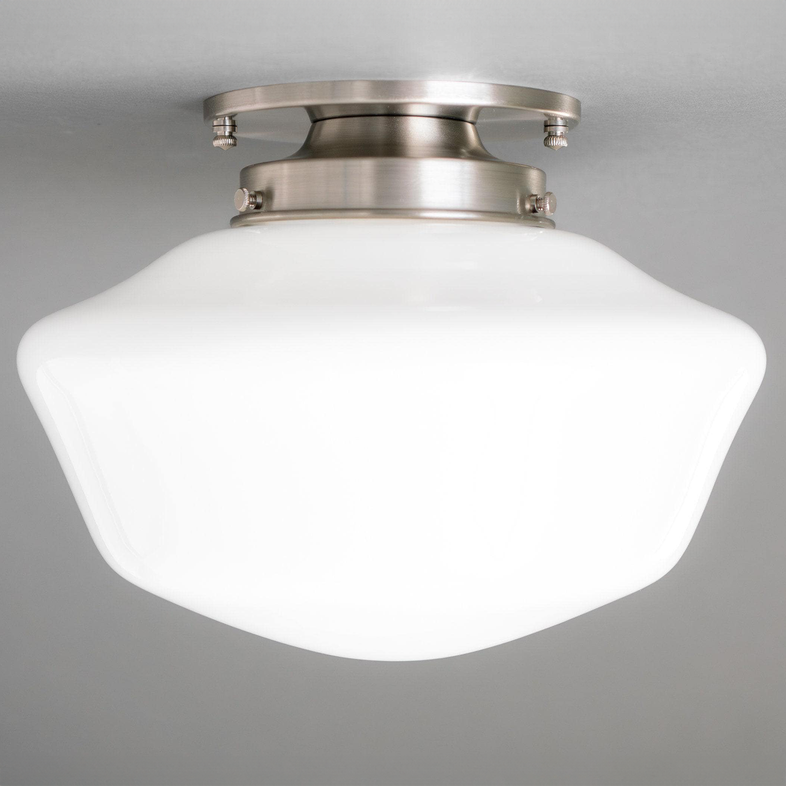Art Deco flush mount ceiling light with white opal glass globe and brushed nickel fixture. - CEILING LIGHT MODEL NO. 4340