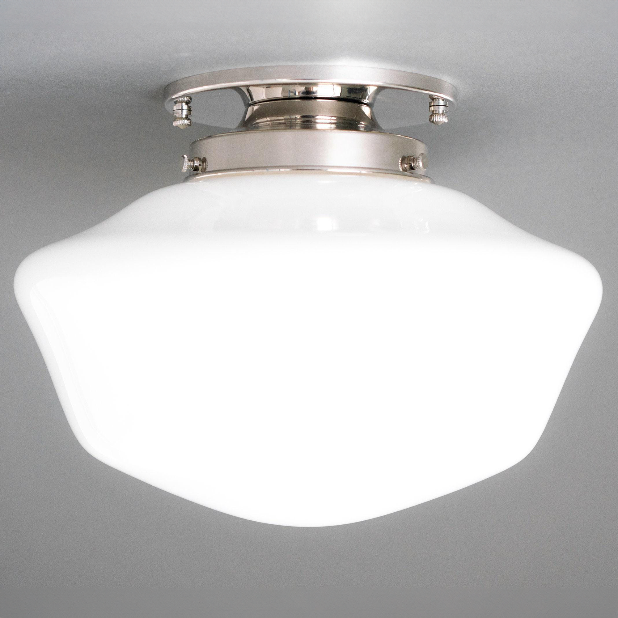 Art Deco flush mount ceiling light with white globe glass shade and polished metal base. - CEILING LIGHT MODEL NO. 4340