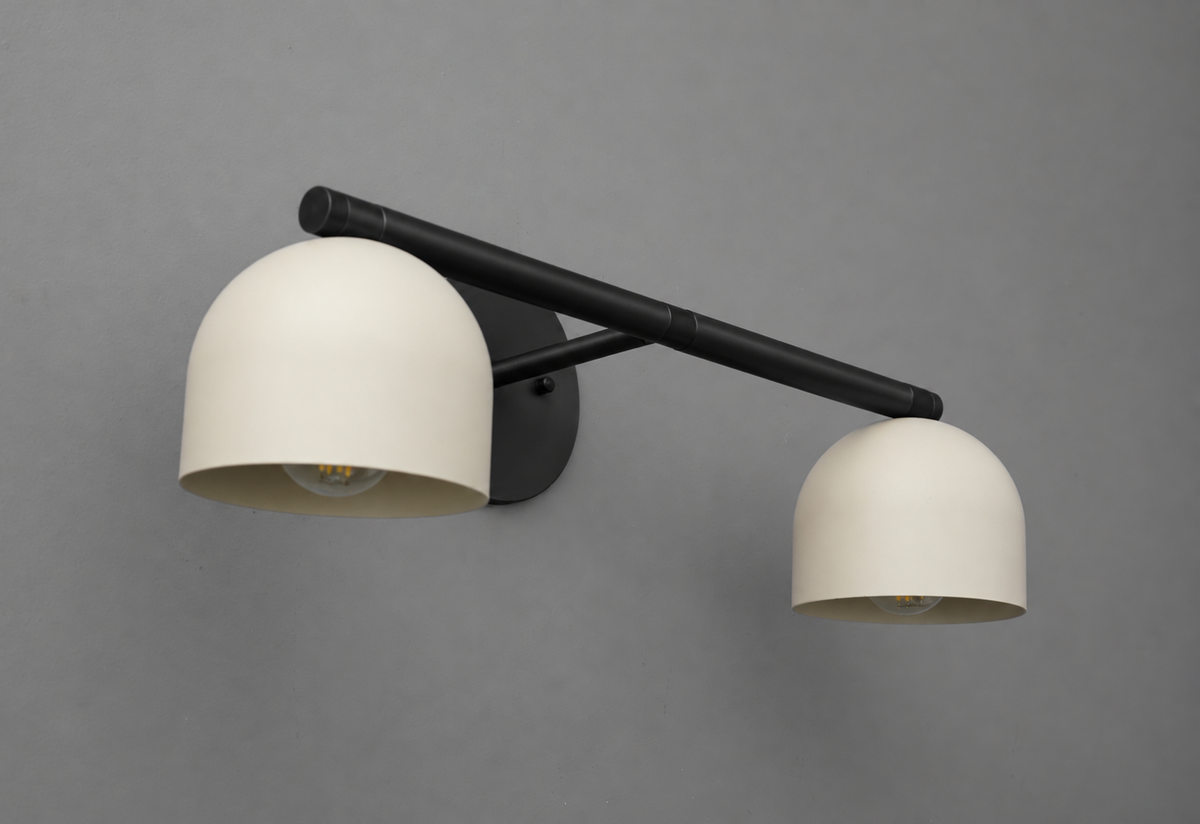 Side angle of the vanity light in Black with Cream steel dome shades, showing the bulbs and the round wall plate. - VANITY LIGHT MODEL NO. 1186