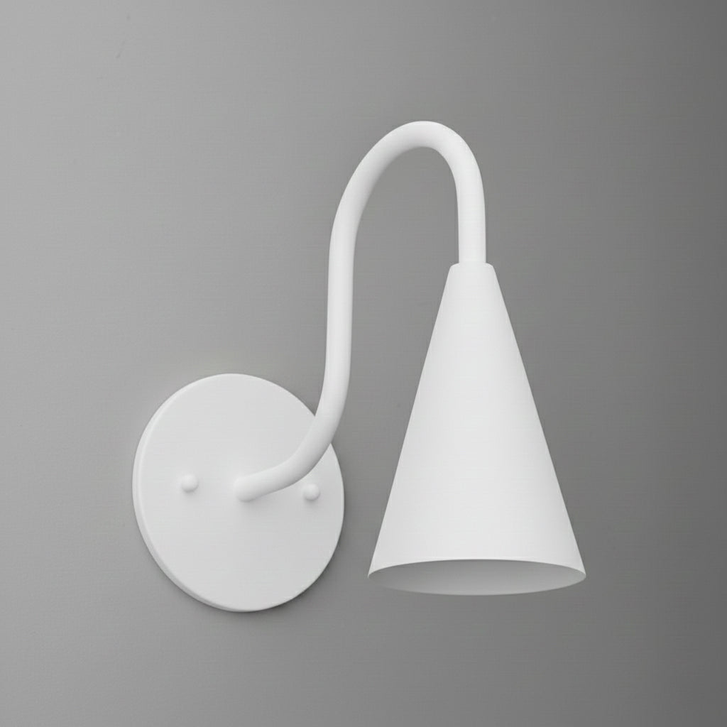 Matte white metal wall sconce with curved arm and conical shade, modern minimal design. - SCONCE MODEL NO. 3021