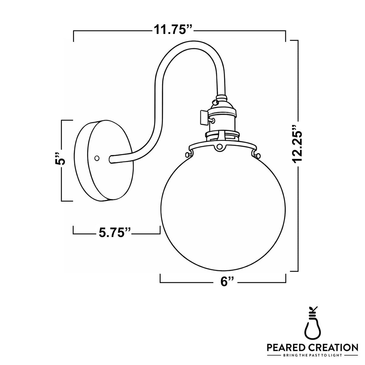 Wall-mounted sconce with curved arm and round globe glass shade in metal fixture, 12.25 inches tall. - SCONCE MODEL NO. 0017