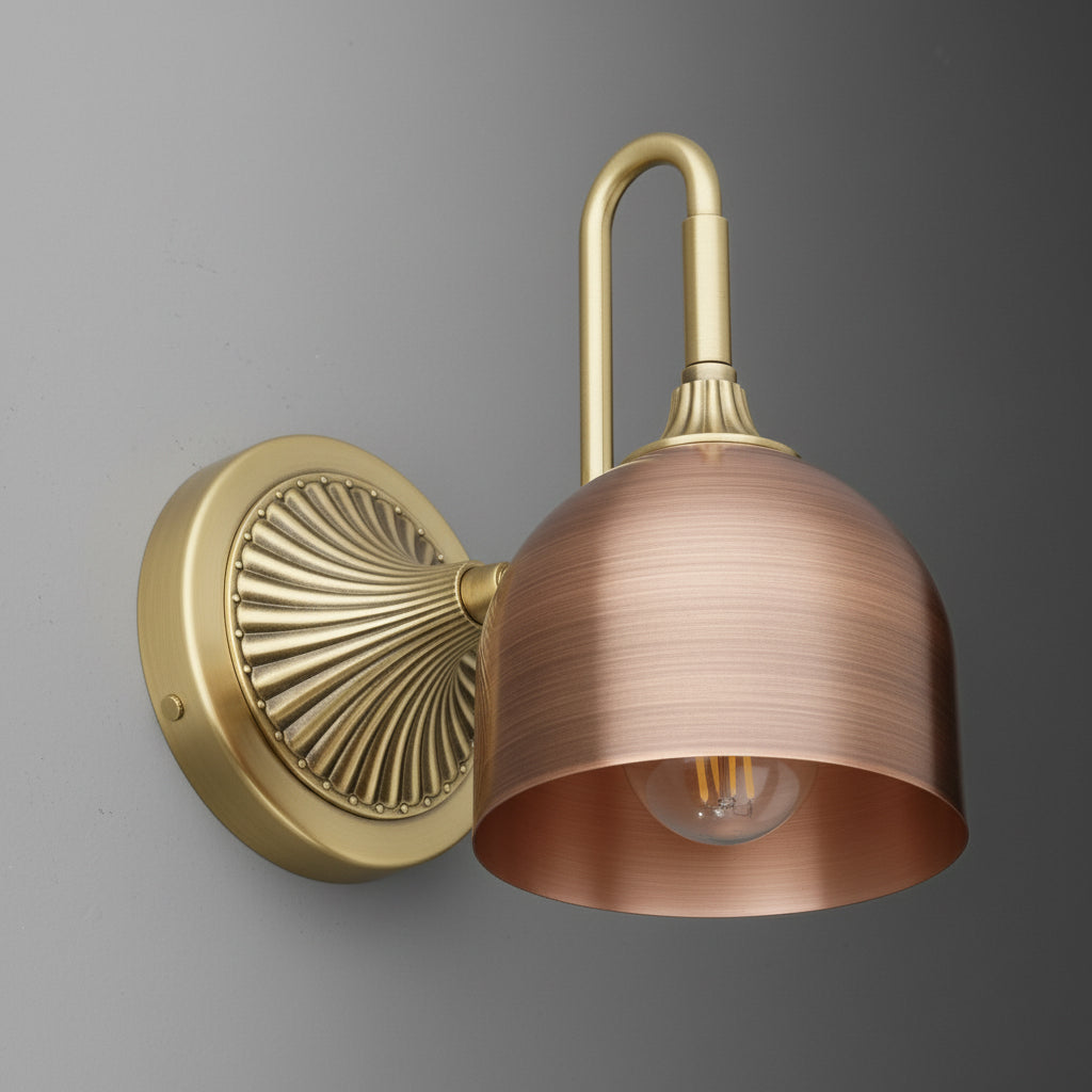 Brushed gold wall sconce with fluted round backplate and dome-shaped copper shade holding a visible bulb. - SCONCE MODEL NO. 3046
