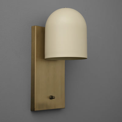 Antique brass wall sconce with smooth cream dome-shaped shade and rectangular backplate. - SCONCE MODEL NO. 6029