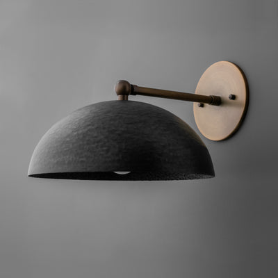 Wall-mounted sconce with matte black dome shade and antique brass round base and arm. - SCONCE MODEL NO. 3164