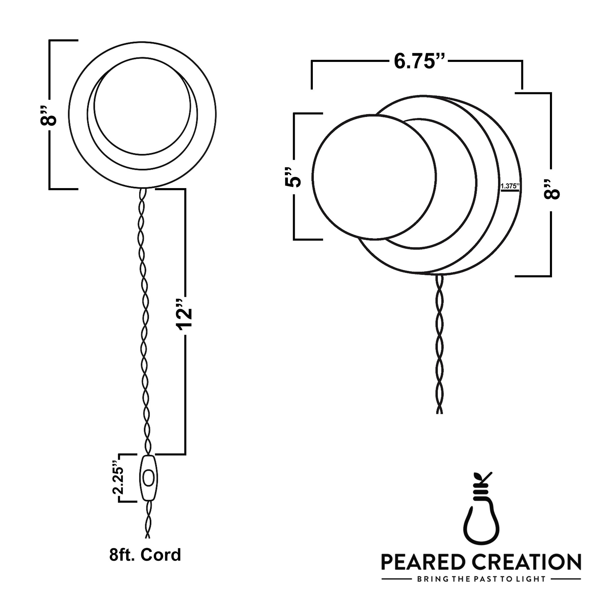 White round wall sconce with circular backplate and 8ft twisted white cord and inline switch. - SCONCE MODEL NO. 6154