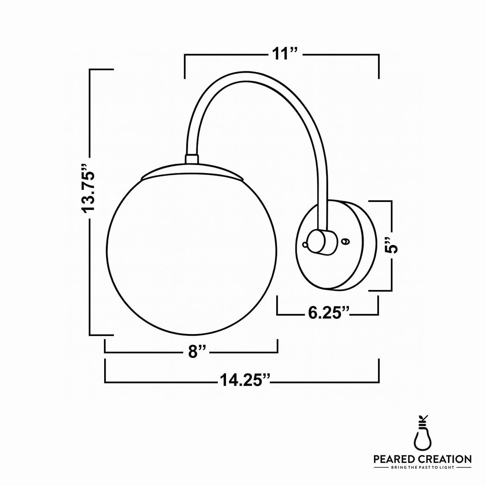 Wall sconce with 8-inch globe shade, curved arm, and round backplate measuring 5 inches in diameter. - SCONCE MODEL NO. 2947