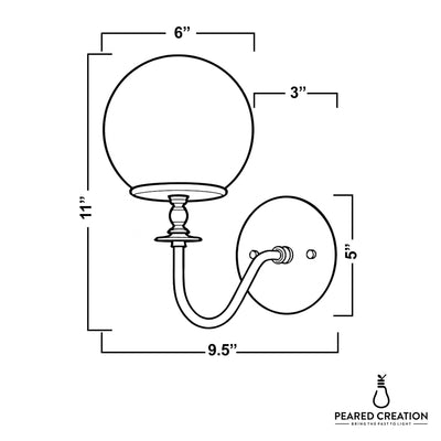 Wall-mounted sconce with a round white glass globe and curved metal arm in a classic design, dimensions included. - SCONCE MODEL NO. 1029