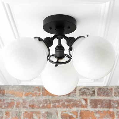 Mid-century modern flush mount ceiling light with three white glass globes and matte black metal fixture. - CEILING LIGHT MODEL NO. 0210