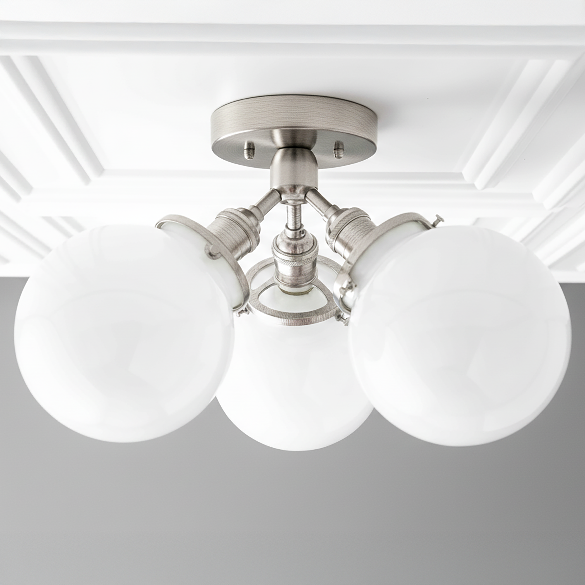 Flush mount ceiling light with three polished nickel arms and white glass globe shades. - CEILING LIGHT MODEL NO. 0210