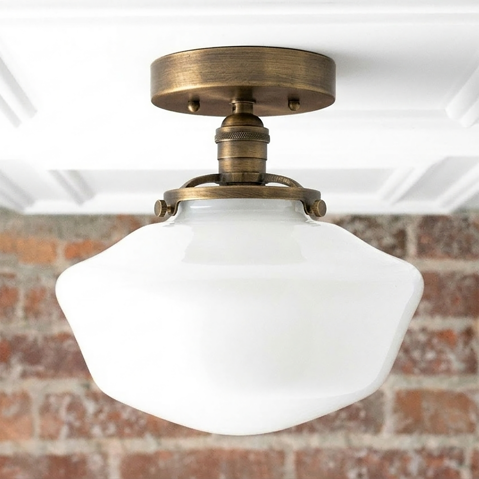 Mid-century modern semi-flush ceiling light with white glass globe and antique brass fixture. - CEILING LIGHT MODEL NO. 5754