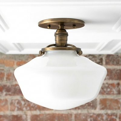 Mid-century semi-flush ceiling light with white glass globe and antique brass fixture. - CEILING LIGHT MODEL NO. 5754