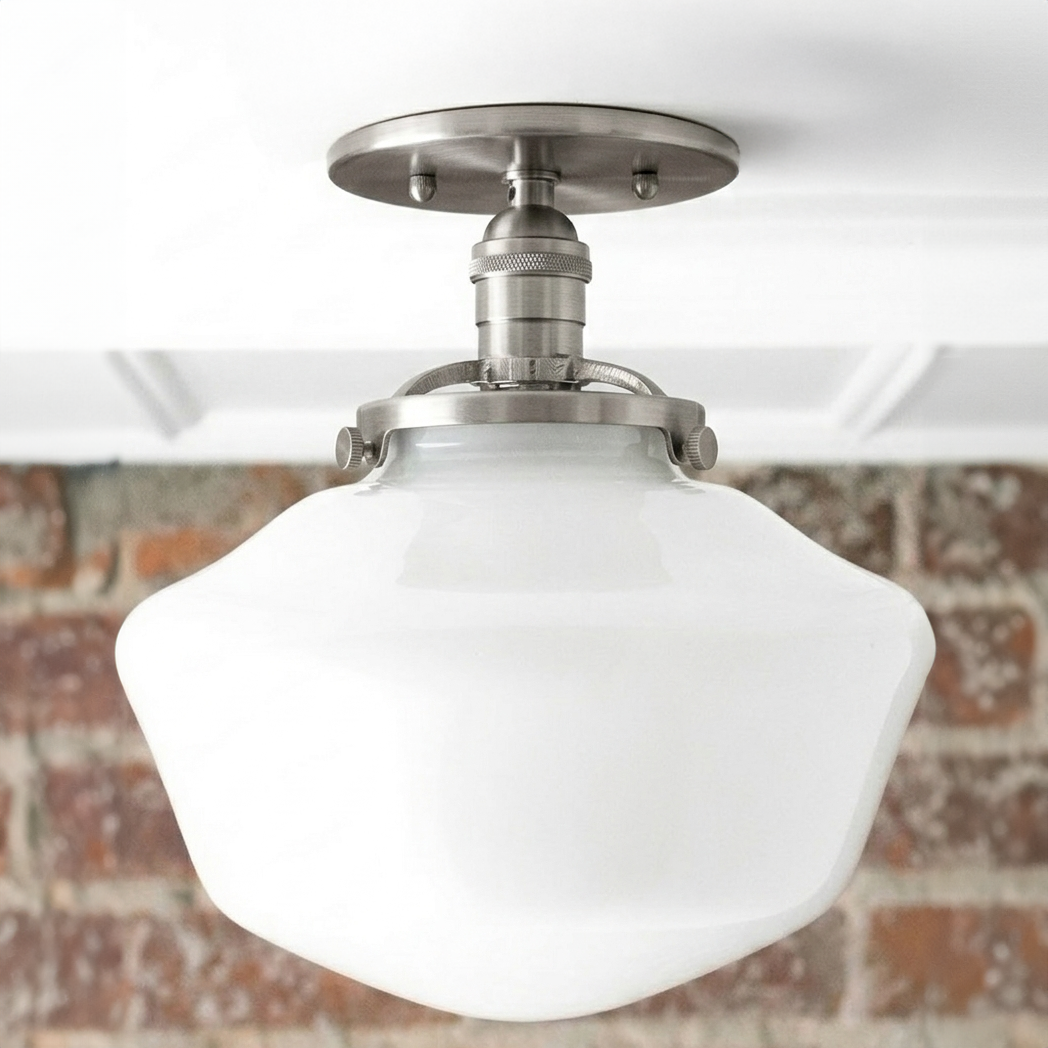 Mid-century modern semi-flush ceiling light with white glass globe and brushed metal fixture. - CEILING LIGHT MODEL NO. 5754