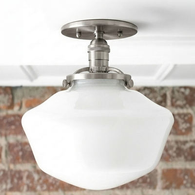 Mid-century modern semi-flush ceiling light with white glass globe and brushed metal fixture. - CEILING LIGHT MODEL NO. 5754