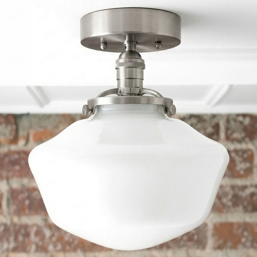 Mid-century modern semi-flush ceiling light with white glass globe and brushed metal fixture. - CEILING LIGHT MODEL NO. 5754