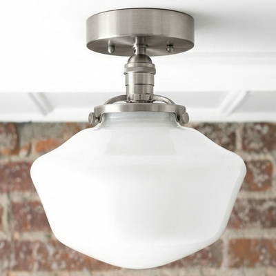 Mid-century modern semi-flush ceiling light with white glass globe and brushed metal fixture. - CEILING LIGHT MODEL NO. 5754