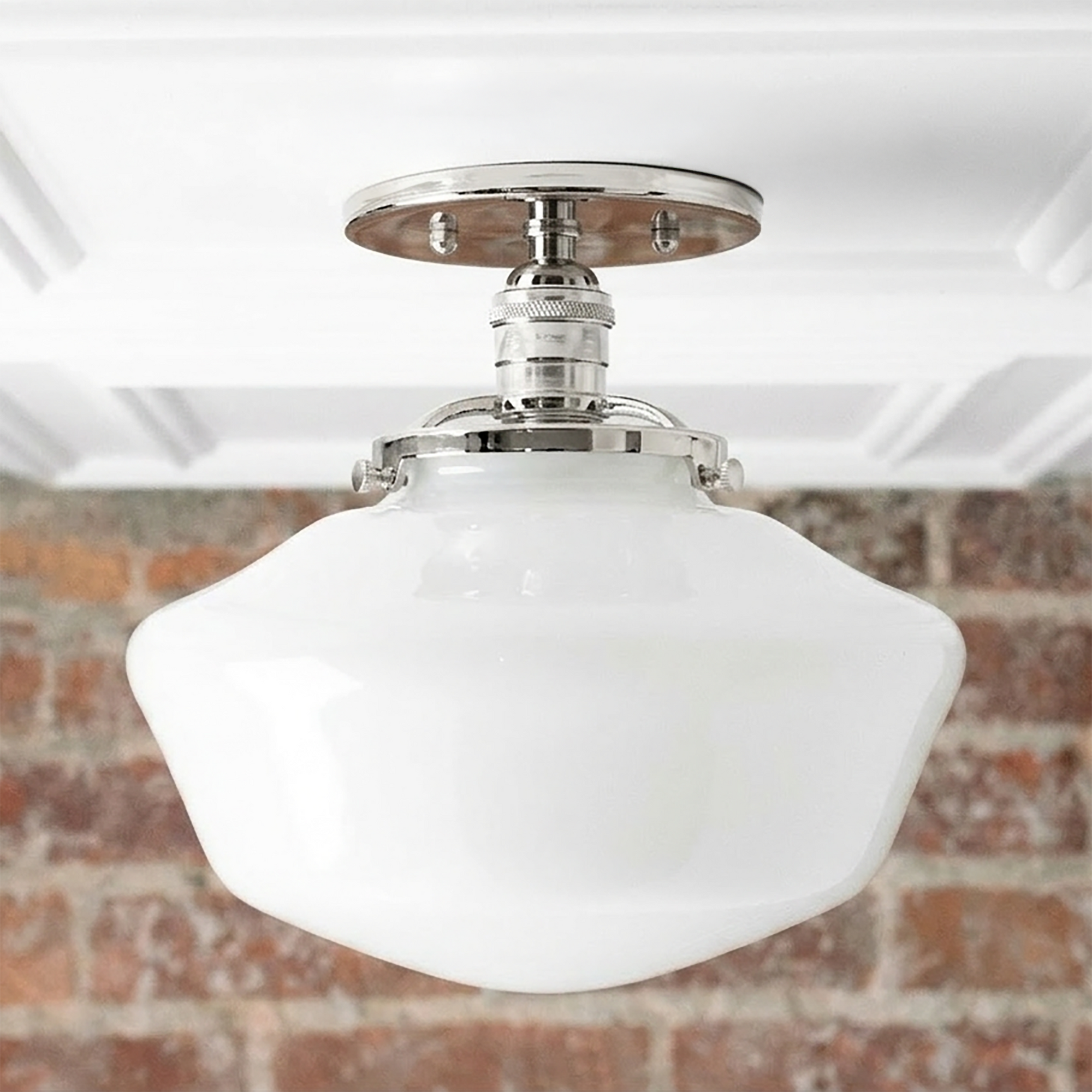 Mid-century modern semi-flush ceiling light with white glass globe and polished nickel hardware. - CEILING LIGHT MODEL NO. 5754