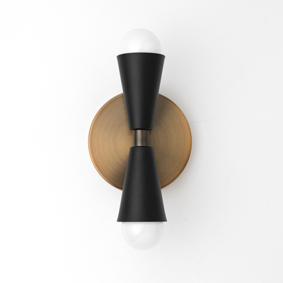 Art Deco wall sconce with black metal tapered cones and two exposed white bulbs, mounted on a round brass base. - SCONCE MODEL NO. 4717
